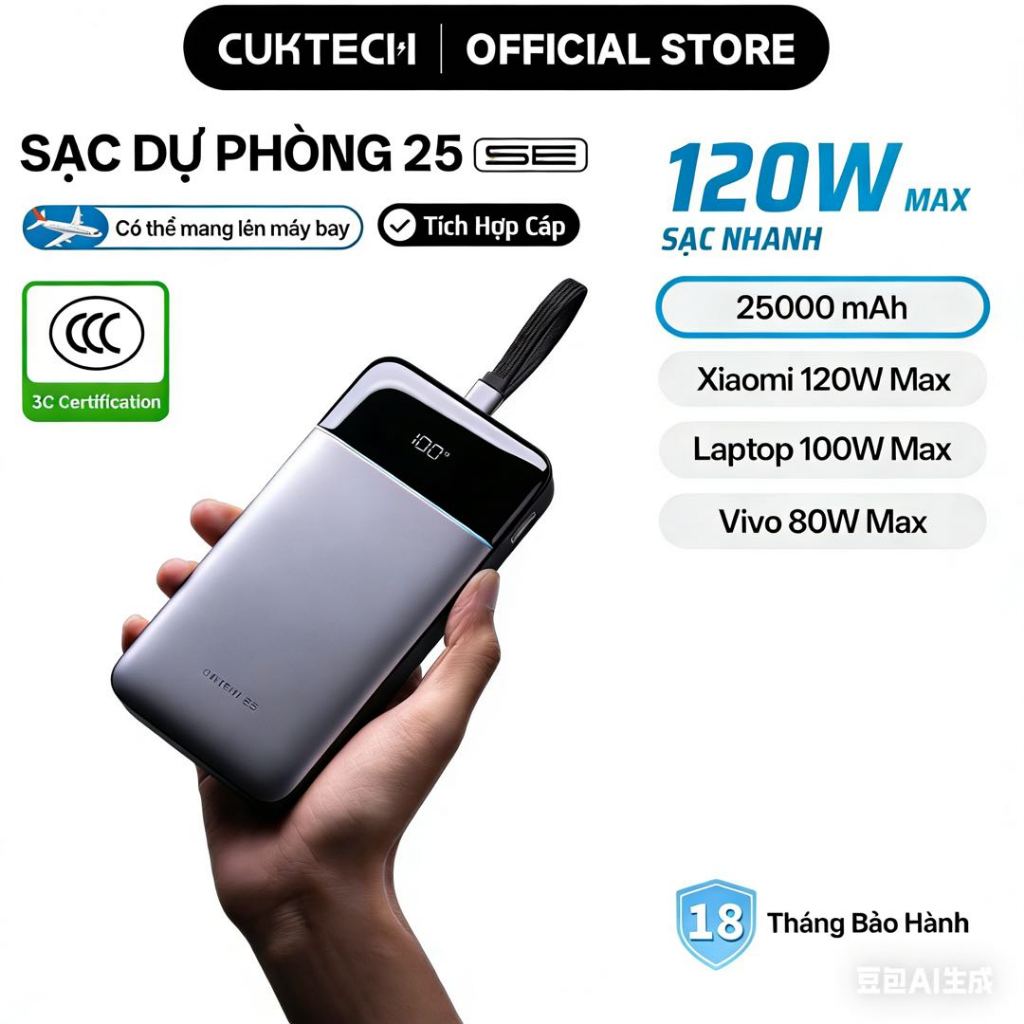 【Được chứng nhận CCC】CUKTECH 120W 25000mAh Sạc Nhanh Công Suất Cao Pin Dự Phòng – Hỗ Trợ Xiaomi 120W