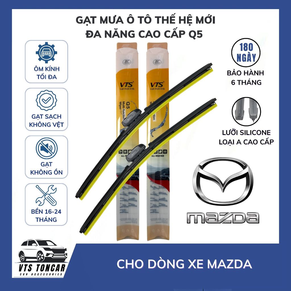 Gạt mưa Mazda thế hệ mới lưỡi silicone Q5 cao cấp, gạt mưa VTS cho ô tô gạt sạch không ồn, ôm kính - VTS Toncar