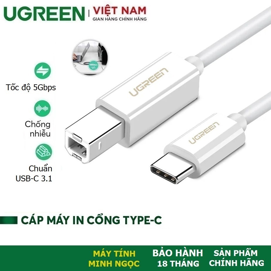 Cáp máy in USB Type C dài 1,5m chính hãng Ugreen 40417 màu trắng cao cấp