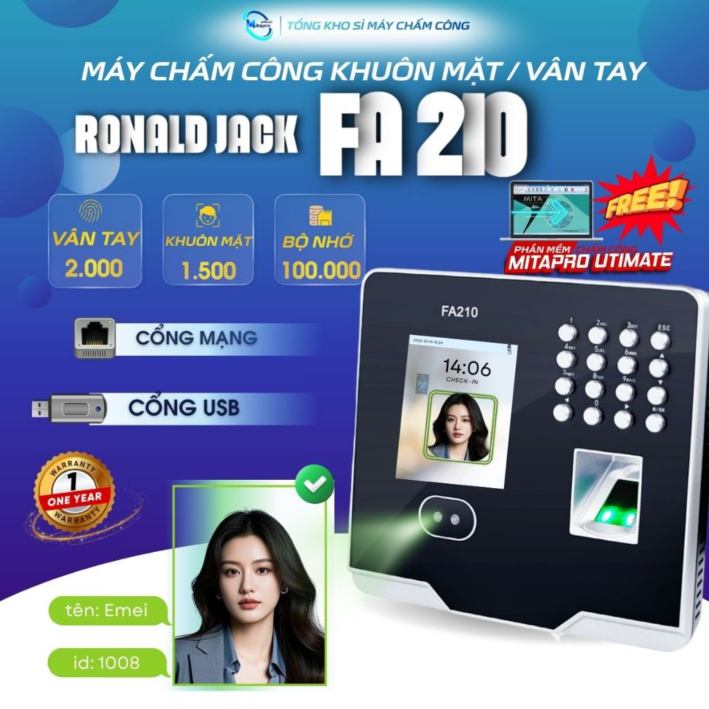RONALD JACK FA210  máy chấm công vân tay / Khuôn mặt , dòng máy dễ sử dụng. có phần mềm chấm công tặ