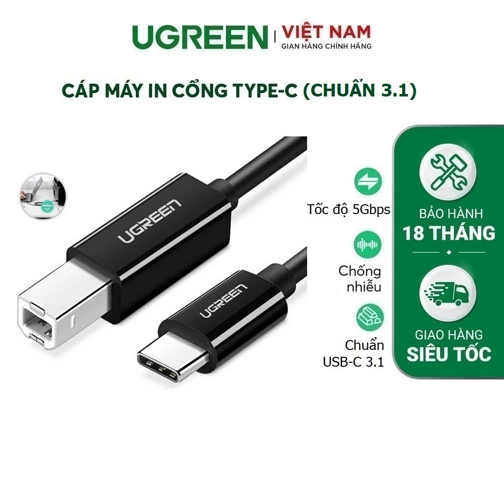 Dây cáp máy in USB Type C sang USB-B (USB-C chuẩn 3.1 ) cao cấp chính hãng Ugreen 80881/40417 - Bảo 