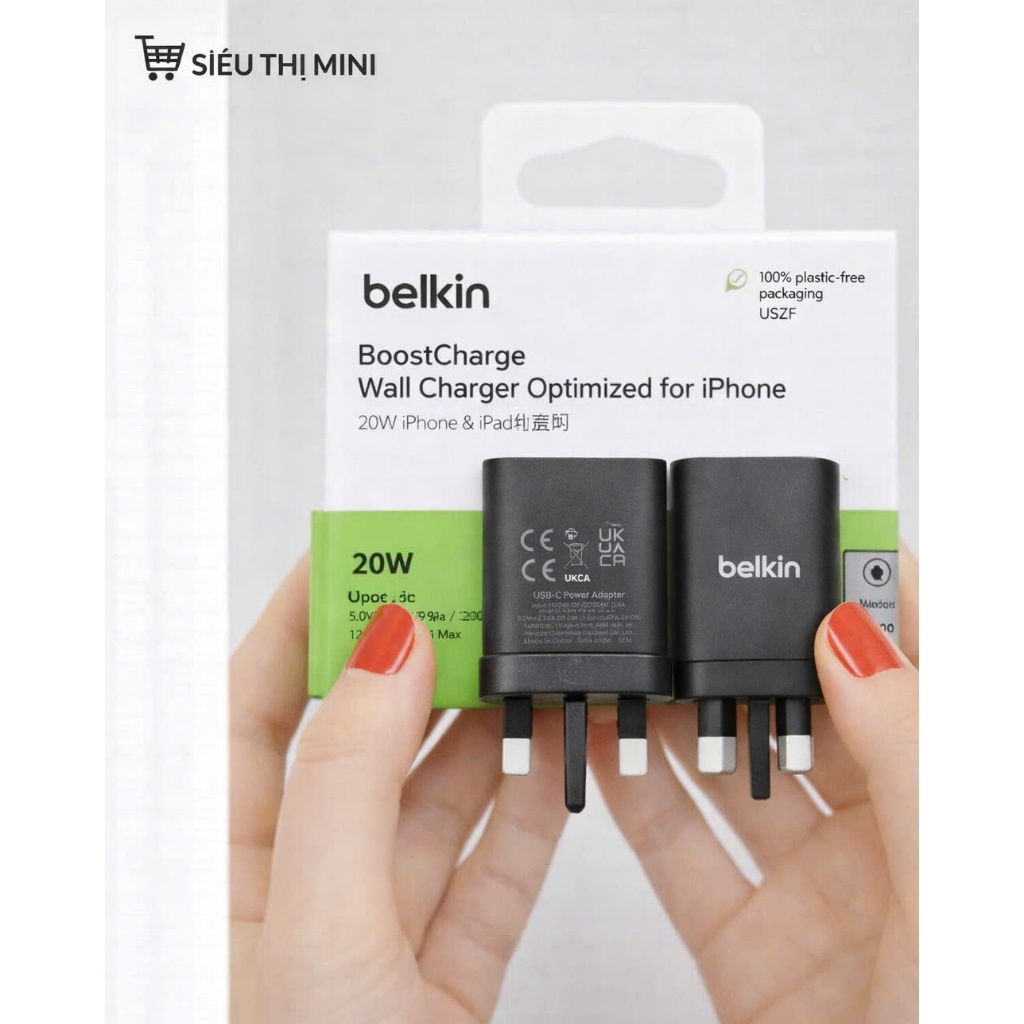 [NEW] Củ Sạc Nhanh Belkin 20W UK BoostCharge 1 Cổng USB-C PD 3.1 & PPS kèm cáp sạc belkin C-C và C-L