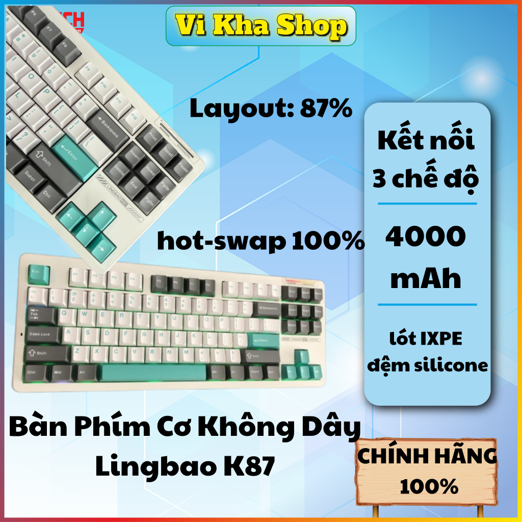 Bàn Phím Cơ Không Dây Lingbao K87 | 3 Chế Độ Kết Nối | LED RGB | Màu Xanh Ngọc – Trắng