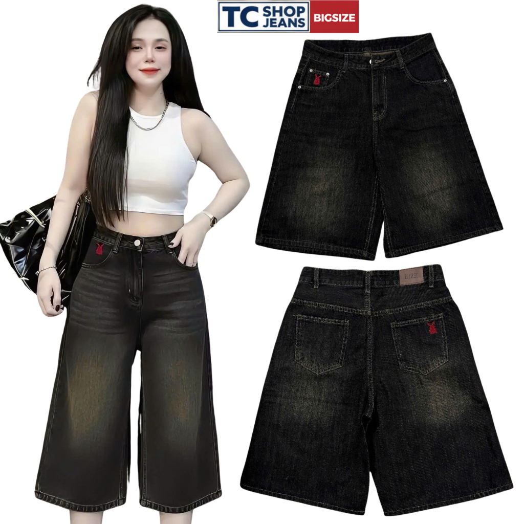 Quần jean lửng đen khói thêu thỏ đỏ 2 mặt nổi bật TC SHOP JEANS bigsize 55-90kg chất jean mềm MS 401