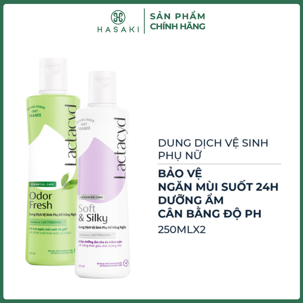 Combo Dung Dịch Vệ Sinh Phụ Nữ Lactacyd Ngăn Mùi 24H + Dưỡng Ẩm 250mlx2 Odor Fresh + Soft & Silky Ha
