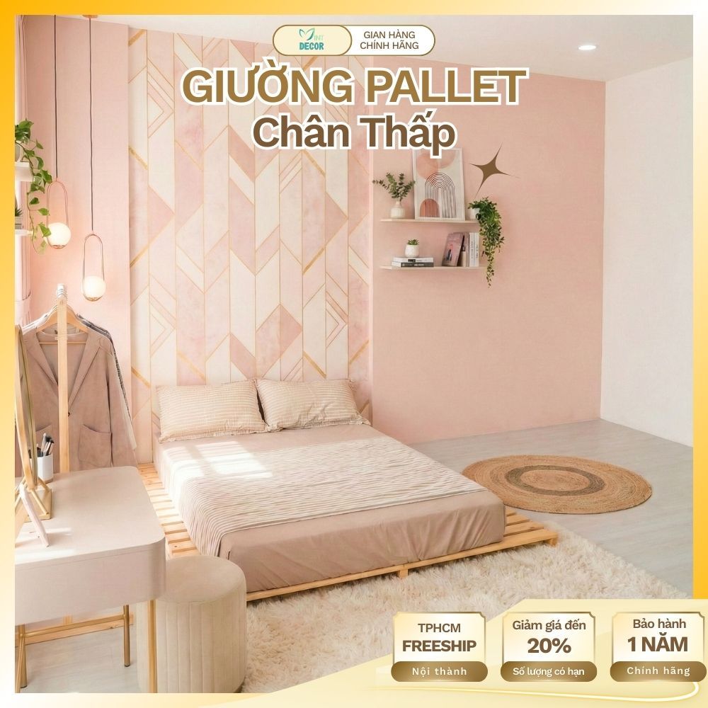 Giường Pallet Chân Thấp 1m6x2m 1m8x2m, Giường Gỗ Tự Nhiên Gấp Gọn, Lắp Ráp Gấp Gọn Nhiều Kích Thước 