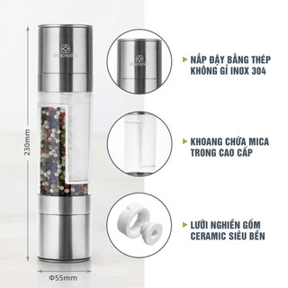 Dụng Cụ Xay Tiêu Và Muối 2 trong 1 Benchusch - Xay Thủ Công 2 Lưỡi Xay Ceramic & 2 Ngăn Đựng Gia Vị