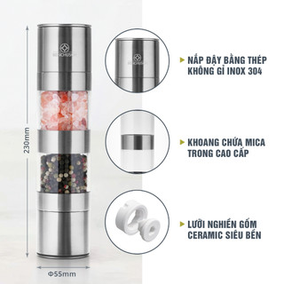 Dụng Cụ Xay Tiêu Và Muối 2 trong 1 Benchusch - Xay Thủ Công 2 Lưỡi Xay Ceramic & 2 Ngăn Đựng Gia Vị