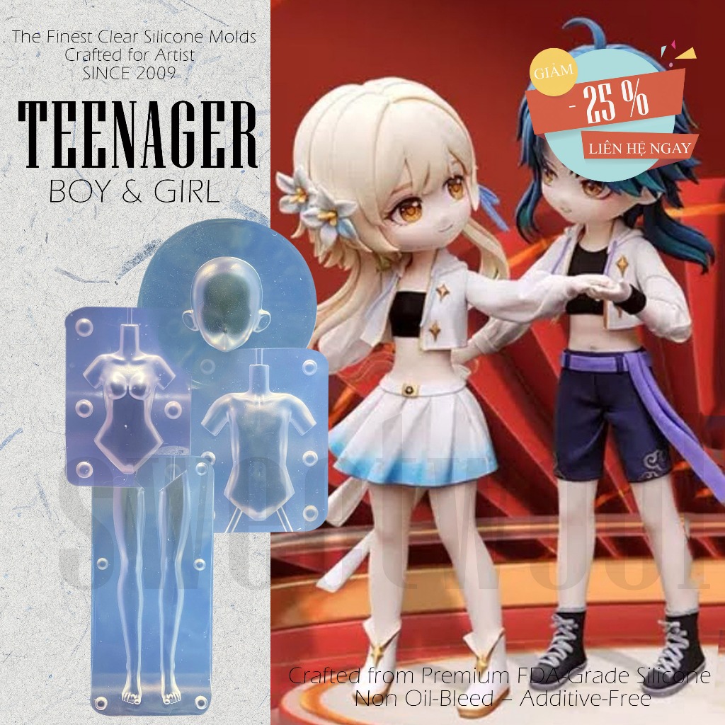 TEENAGER  BOY & GIRL Khuôn silicon trong dẻo nặn tượng đất sét fondant hình búp bê trẻ em bé gái nữ 