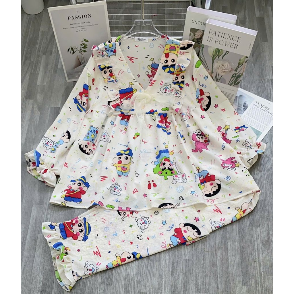 Sét Đồ bộ mặc nhà Pijama dáng babydoll hoạ tiết hoạt hình dễ thương tay dài quần dài chất xốp mềm dà