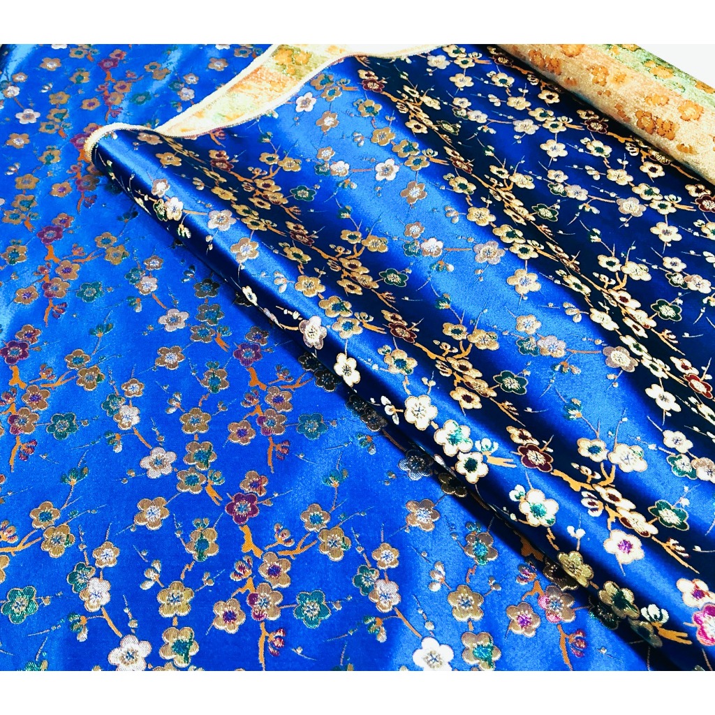 Vải Nhật Bản・Vải Nishijin Kinsai・Vải Kimono・Hoa văn "Hoa Mai (Xanh)"・30 cm