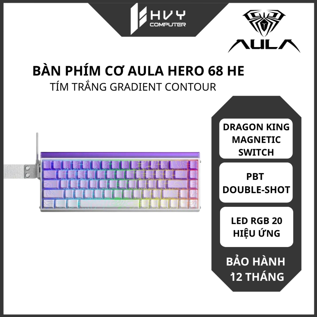 Bàn Phím Cơ Aula HERO 68 HE Tím Trắng Gradient Contour, Dragon King magnetic switch- Hàng chính hãng