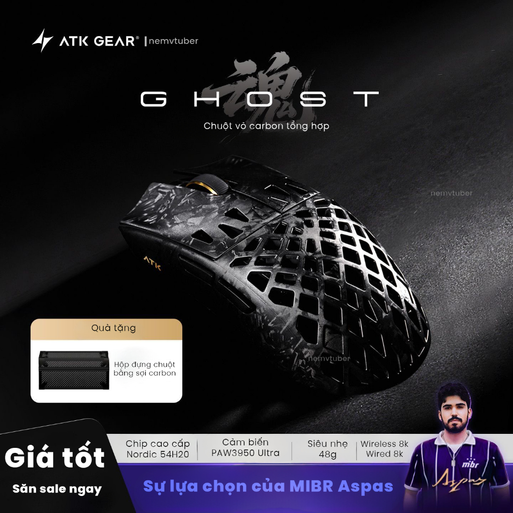 [NEW-BH12T] Chuột Gaming ATK Ghost Ultimate/Extreme - Paw3950Ultra - Vỏ carbon - 8000hz