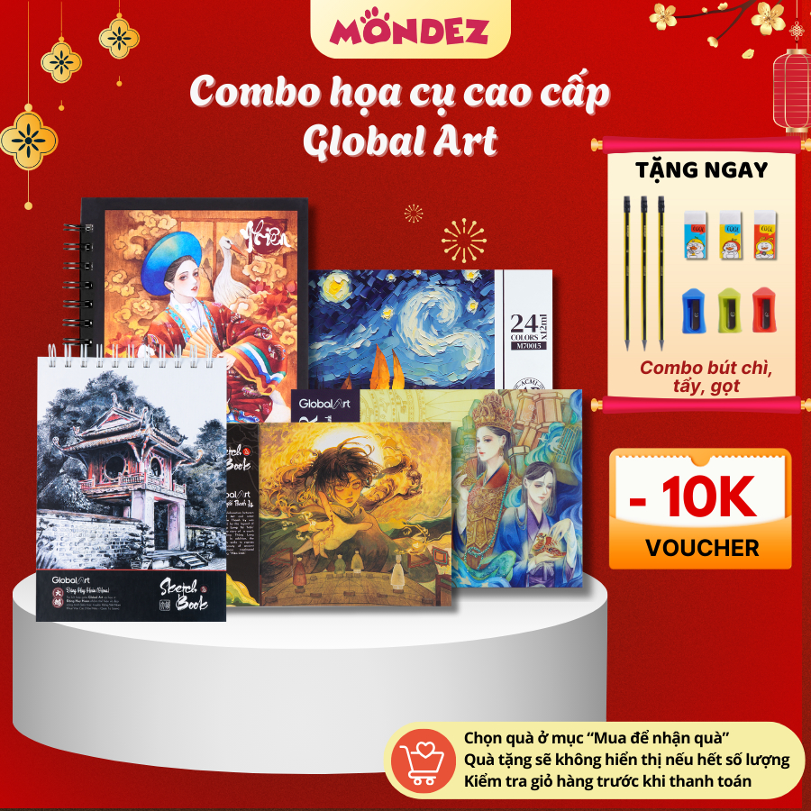 Combo Vẽ Global Art, Sổ Vẽ Sketchbook 230gsm, Chì Màu Gốc Dầu, Màu Nước Viên Nén, Màu Acrylic Thỏa T