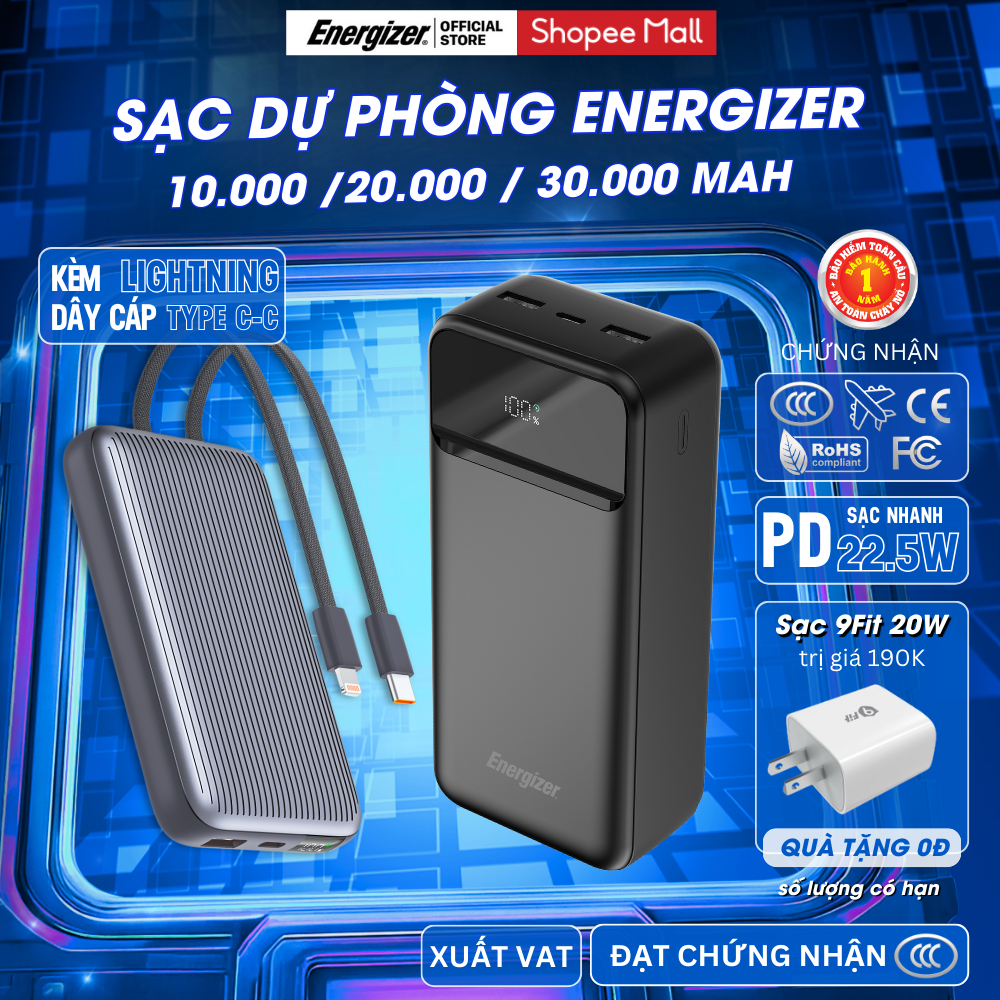 Sạc Dự Phòng Energizer 10000mAh/ 20000mAh/ 30000mAh Sạc Nhanh PD, Bảo Hành Chính Hãng 1 Năm