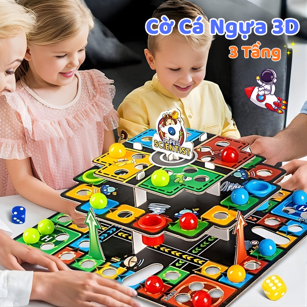 Bộ Cờ Cá Ngựa 3D Super Battle Ludo 3 Tầng - Đồ Chơi Thông Minh, Phát Triển Trí Tuệ, Tư Duy Logic