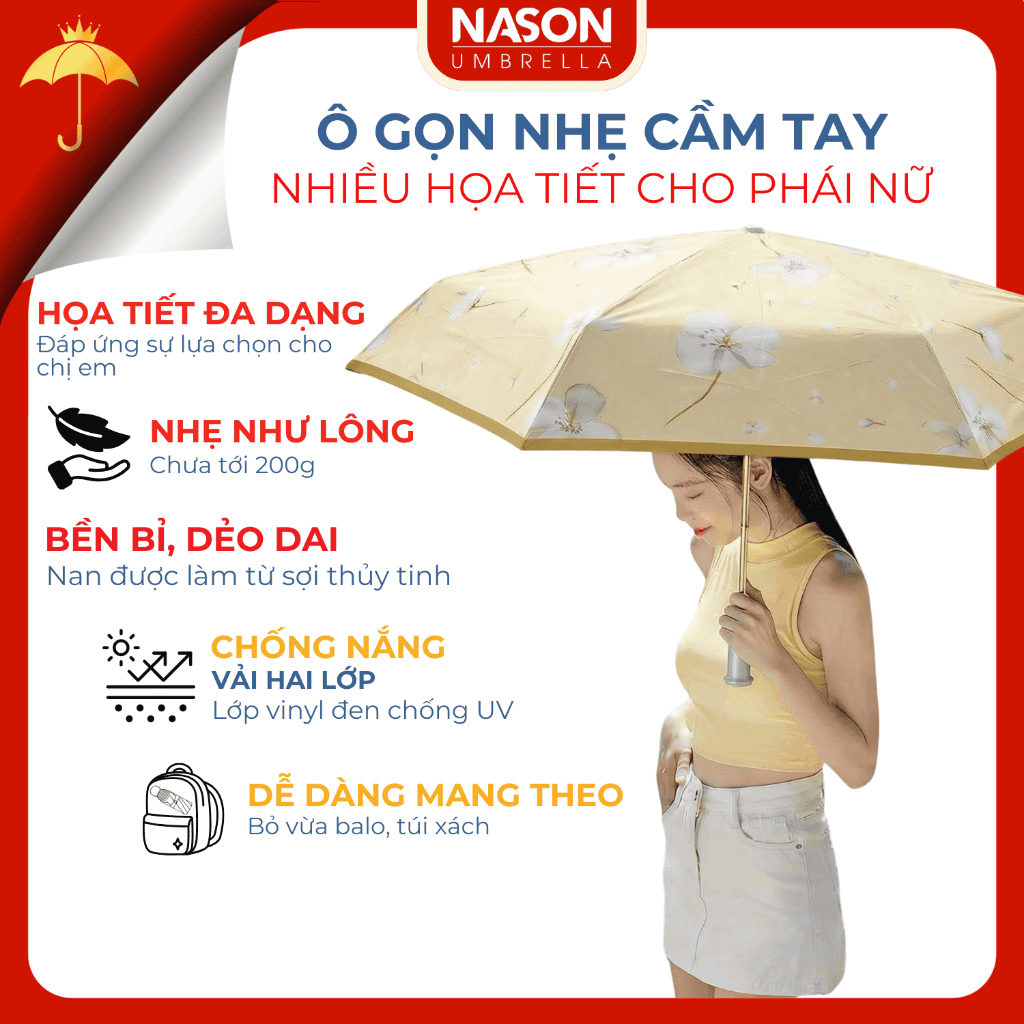 Ô siêu nhẹ cầm tay che mưa/nắng NASON Ultra Light gấp gọn họa tiết hoa
