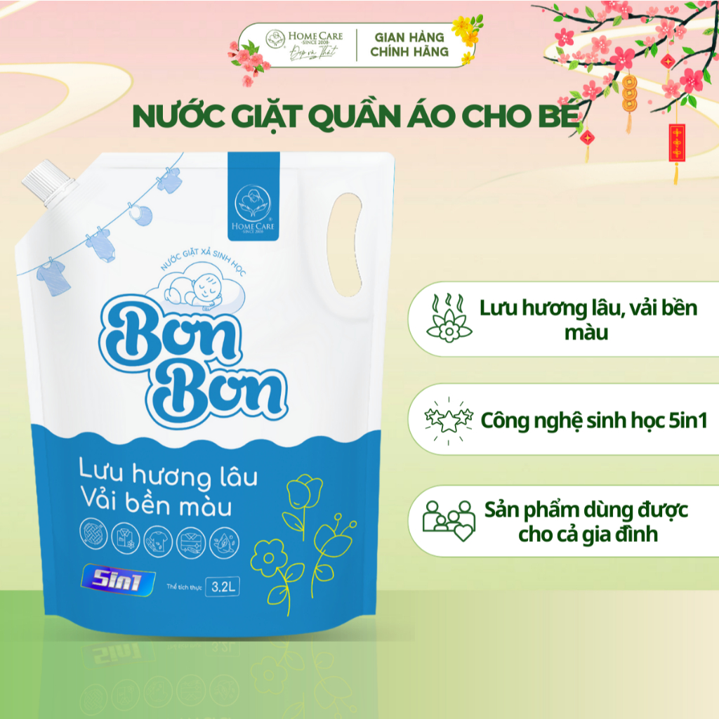 Nước giặt cho bé sơ sinh BonBon Home Care dịu nhẹ, siêu đậm đặc 3.2L