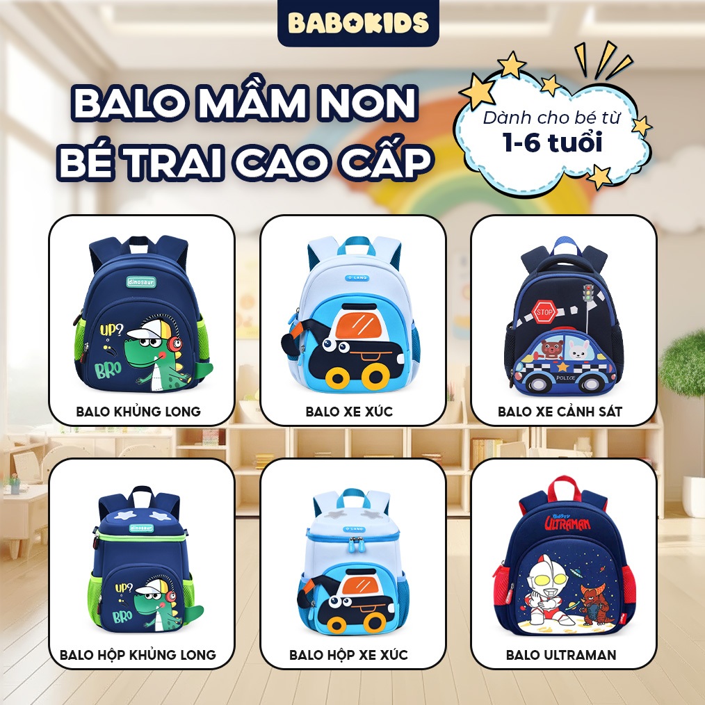 Balo Mầm Non Cho Bé Trai, Balo Đi Lớp Cho Bé Thiết Kế Nắp Trên Form Đứng Siêu Nhẹ