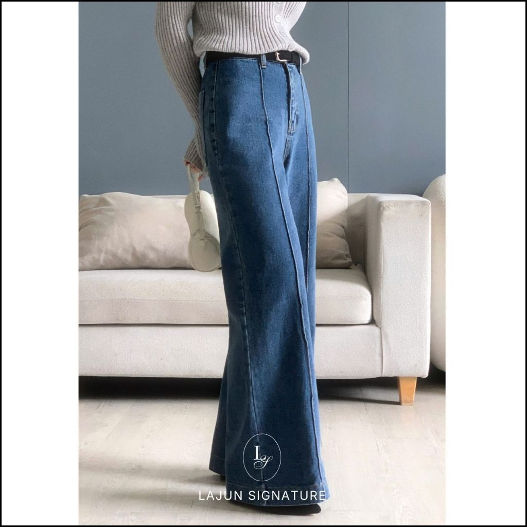 [LAJUN SIGNATURE] Quần Jeans Central Form Suông Rộng Line Giữa Lưng Cao Chất Liệu Dày Dặn Tôn Dáng H
