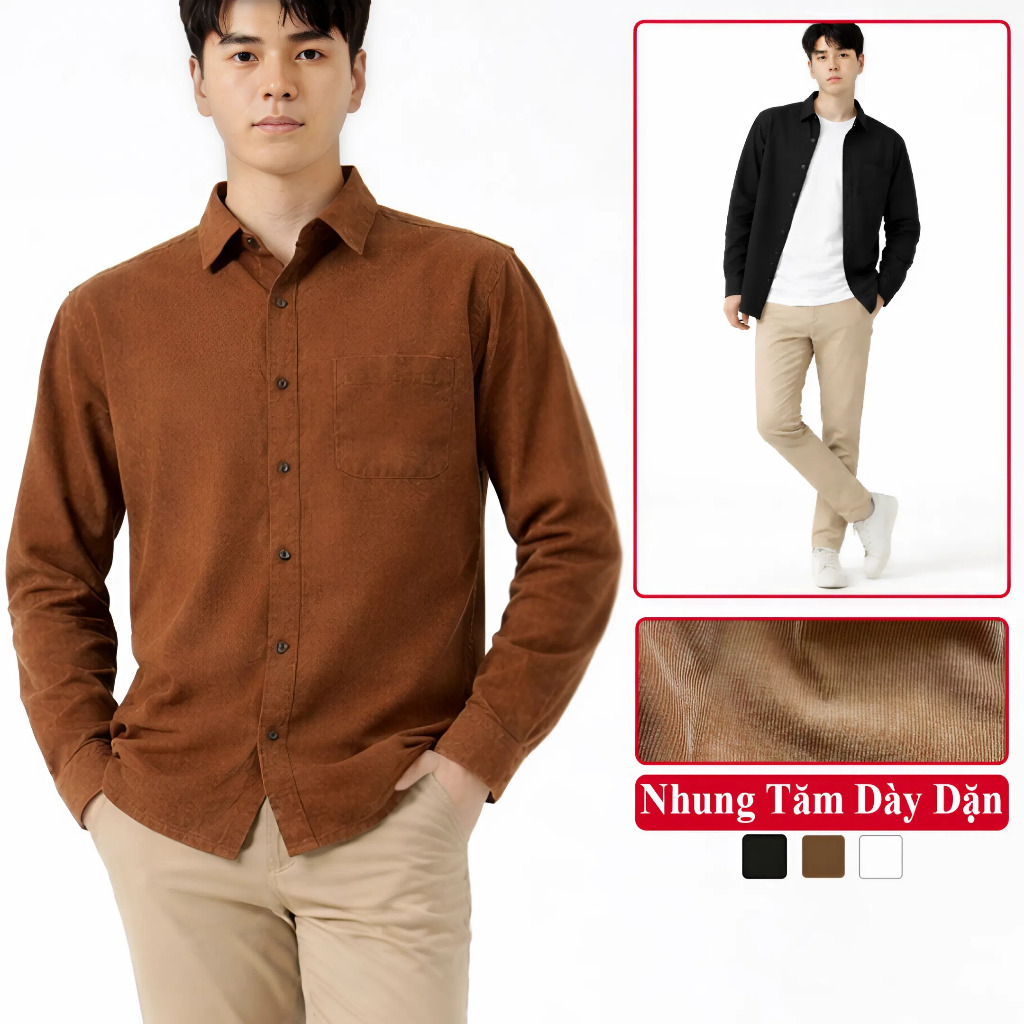Áo Sơ Mi Nam Dài Tay Nhung Tăm Cao Cấp Vicenzo. Sơ Mi Nhung Dài Tay Nam Trẻ Trung