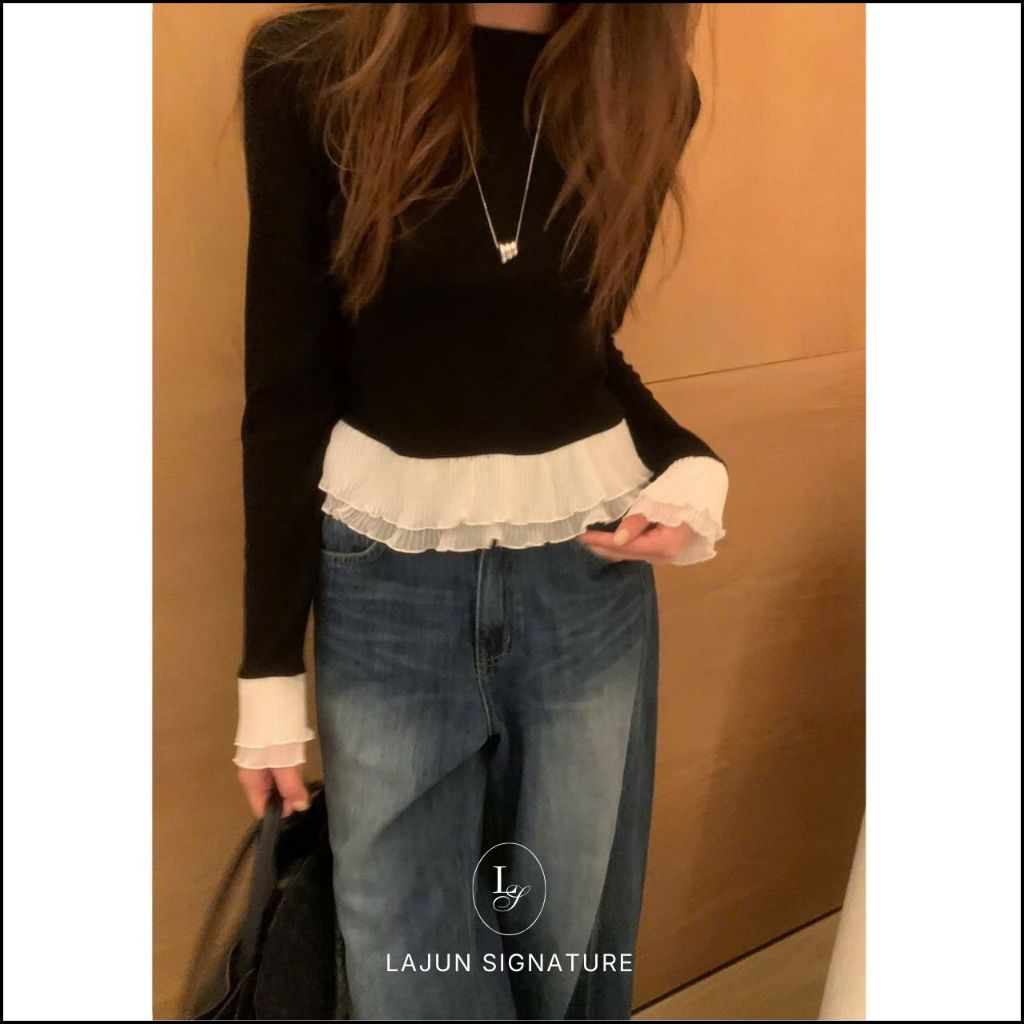 [LAJUN SIGNATURE] Áo Thun Len Double Frill Tay Dài Chất Liệu Mềm Mịn Co Giãn 2 Lớp Xoè Hàn Quốc