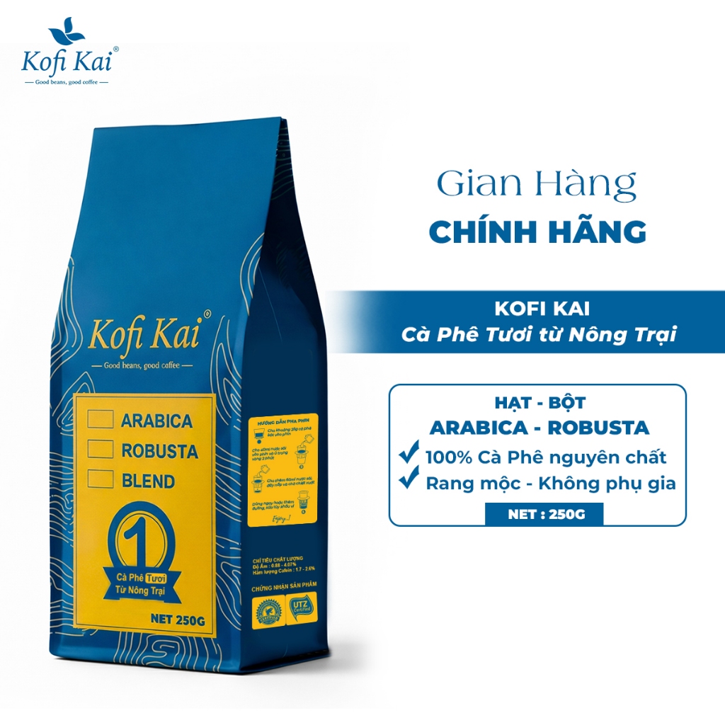 Cà phê Robusta hạt pha máy Kofi Kai 250g