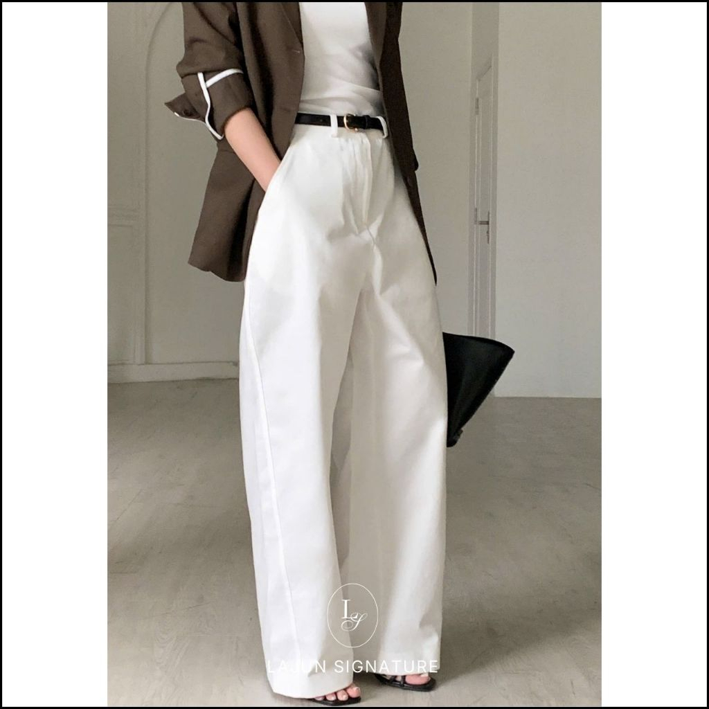 [LAJUN SIGNATURE] Quần Cotton Kaki Largo Lưng Cao Form Dài Rộng Đứng Dáng Che Khuyết Điểm Hàn Quốc