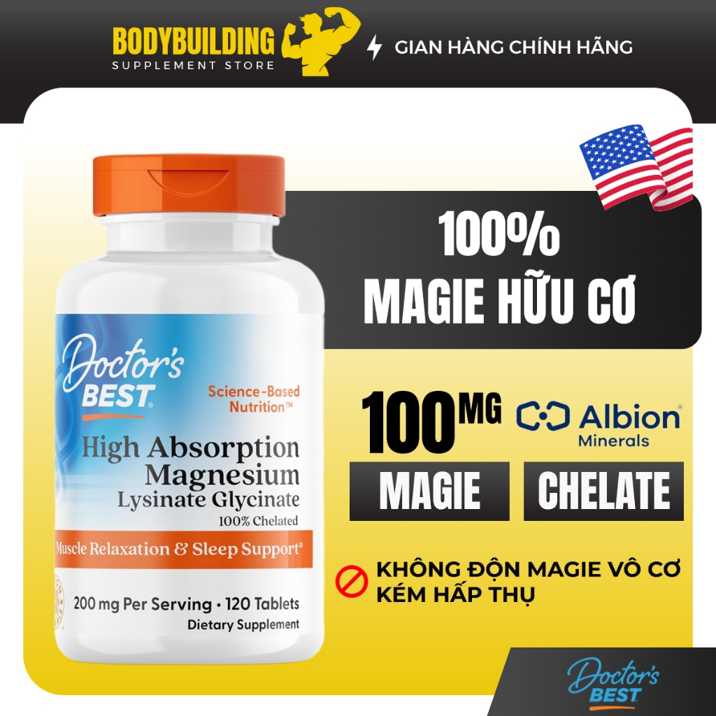 Viên magie hữu cơ Doctor's Best High Absorption Magnesium (USA) hấp thụ tốt, giảm stress, khó ngủ