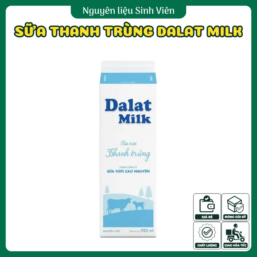 [Chính hãng có VAT] Sữa tươi thanh trùng không đường Dalat Milk 950ml date mới, nguyên liệu pha chế 
