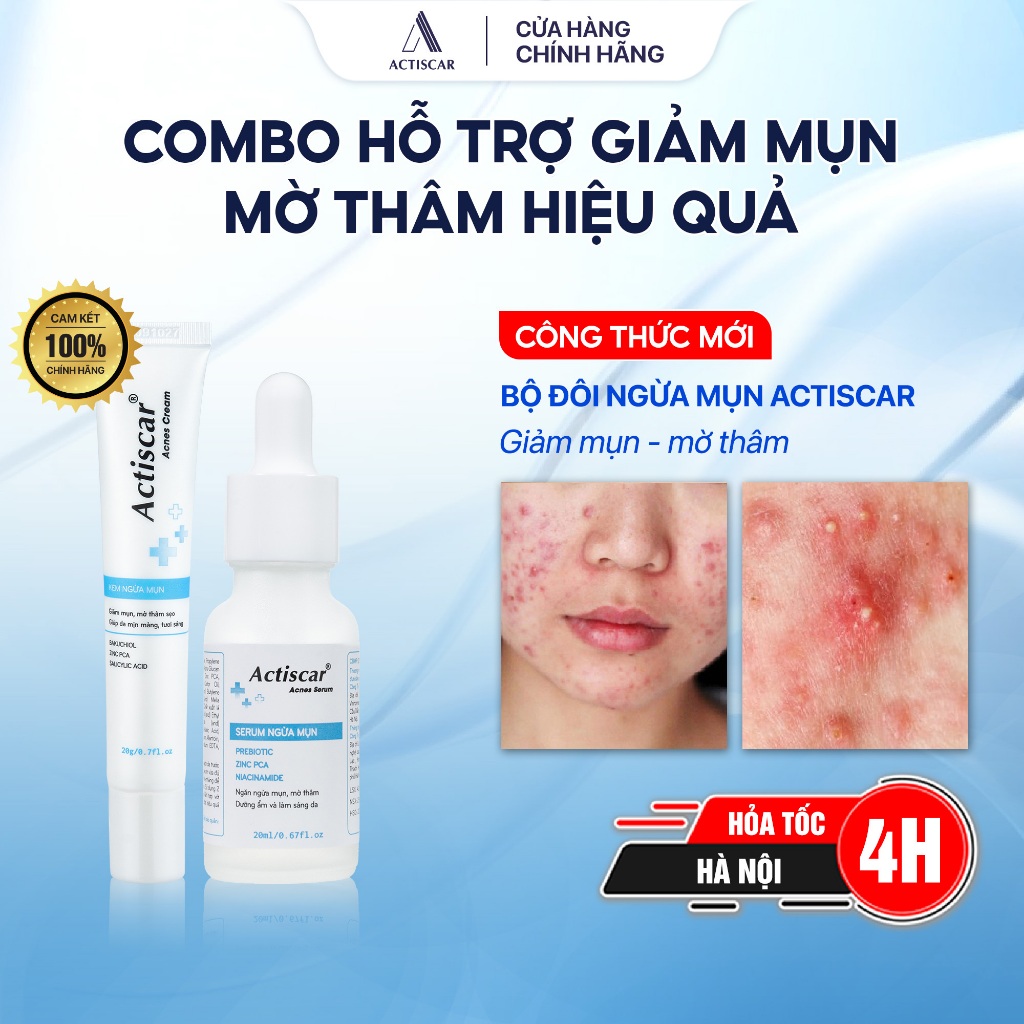Combo kem và serum chấm mụn chuyên sâu Actiscar Acness 20g giúp cải thiện mụn, thâm , viêm