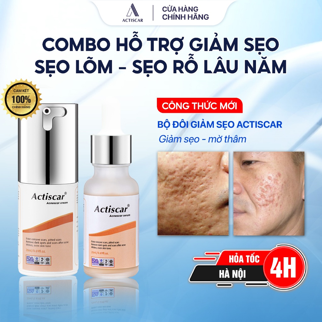 Bộ Kem & Serum Hỗ trợ Mờ Sẹo Lõm Actiscar Mờ Sẹo Rỗ, Sẹo Thâm Mụn Lâu Năm