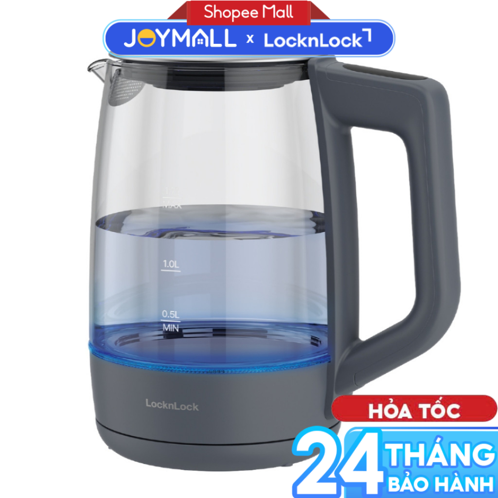 Ấm Đun Siêu Tốc LocknLock Smart Glow Glass Electric Kettle EJK276GRY 1.7L, Hàng Chính Hãng, 5 Mức Nh