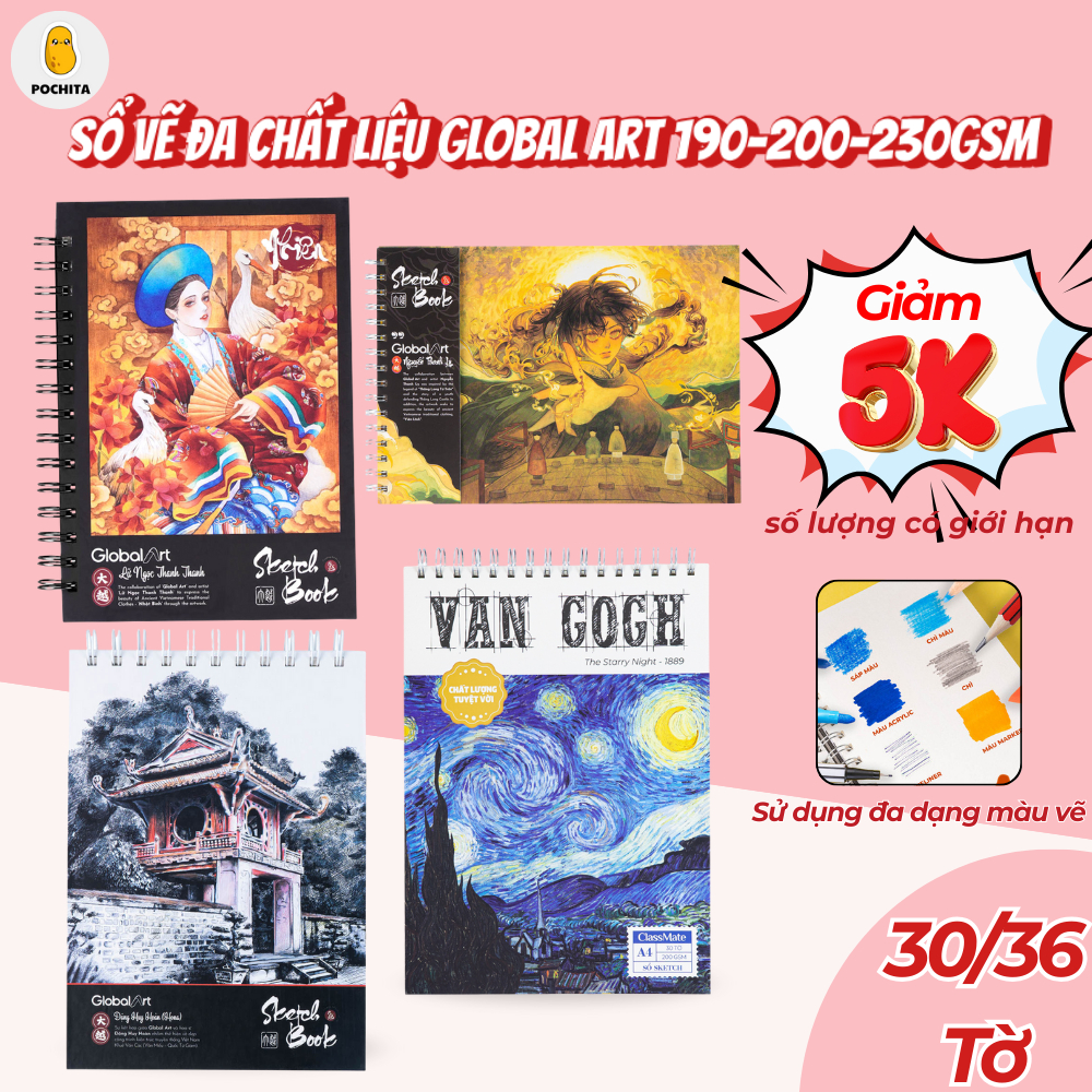 [Tặng Quà] Sổ Vẽ Đa Chất Liệu Global Art 230GSM A4 A5 Không Kỵ Tẩy, Sổ Sketchbook 30 Tờ Phác Thảo Vẽ Màu Nước