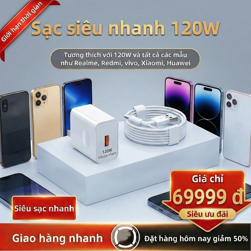 Bộ Sạc 120W, Cáp Sạc Nhanh Cho Điện Thoại, Sạc Nhanh Ổn Định, An Toàn, Dễ Sử Dụng
