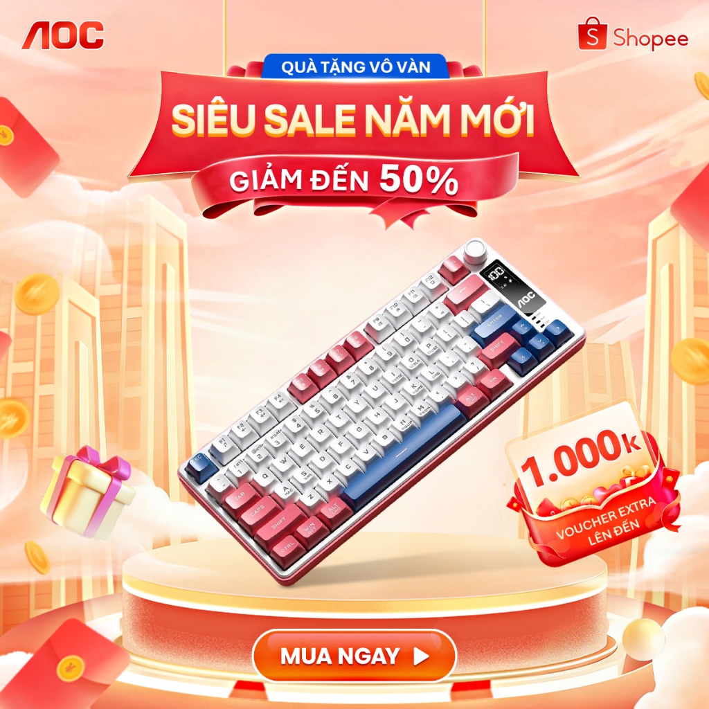 Bàn phím không dây gaming AOC GK300 3 chế độ, LED RGB, Pin 4000mAh, 77 phím gõ êm chống ồn - AOC bảo