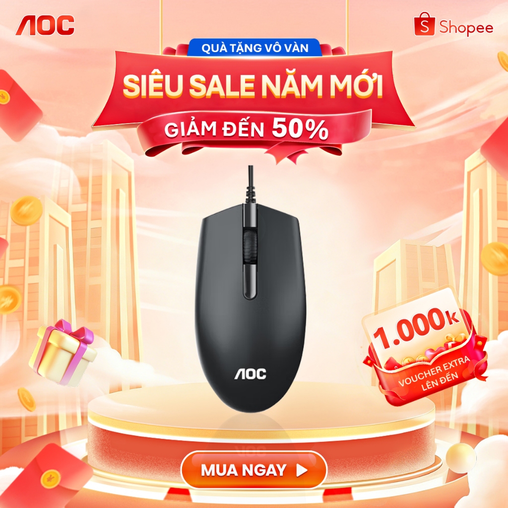 Chuột máy tính có dây văn phòng gaming AOC chơi game cho pc, laptop - Bảo hành 1 năm