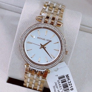 Đồng Hồ Nữ MK3219 Mặt Trắng Xà Cừ Viền Đá Kim Loại Mạ Vàng Máy Pin Size 39mm