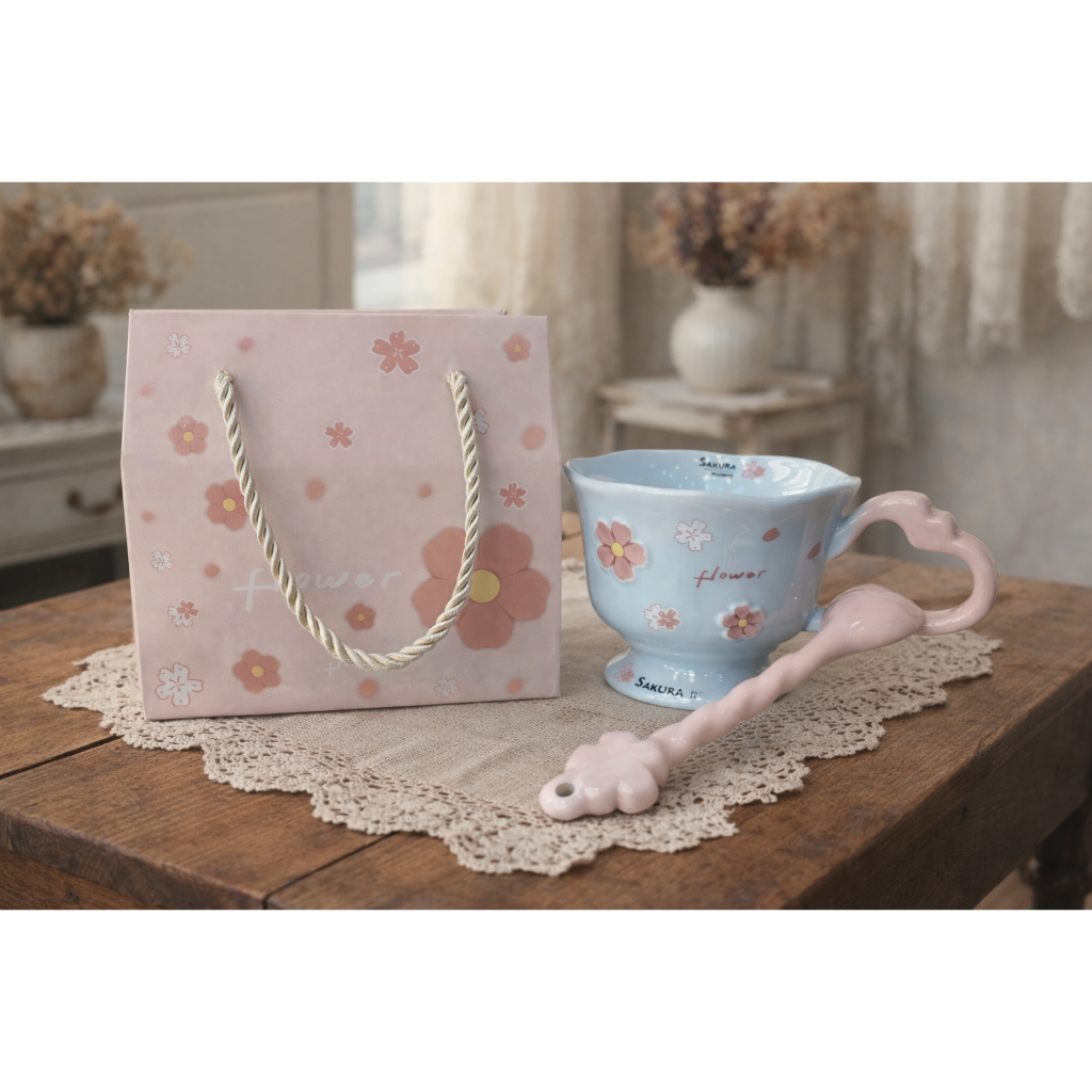 Ly sứ trái dâu/ Ly sứ nơ xinh/ Set ly sứ kèm muỗng Sakura xinh xắn gồm hộp_CopOggy Stationery & More