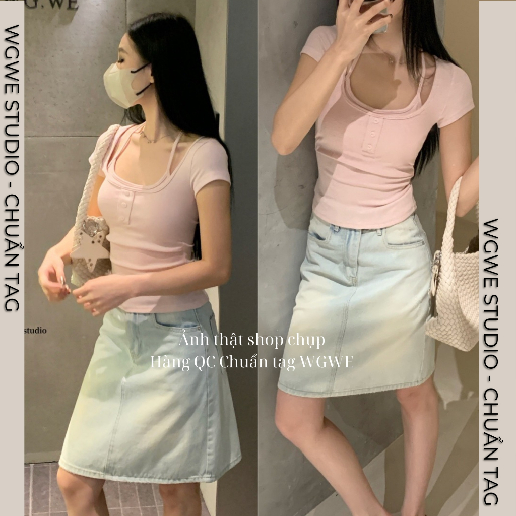 Áo Thun Nữ Ôm Body WGWE 8613 Cổ Yếm Lót Đệm Ngực – Áo Phông Nữ Tay Ngắn Tôn Dáng Sexy | BigBuy360 - bigbuy360.vn
