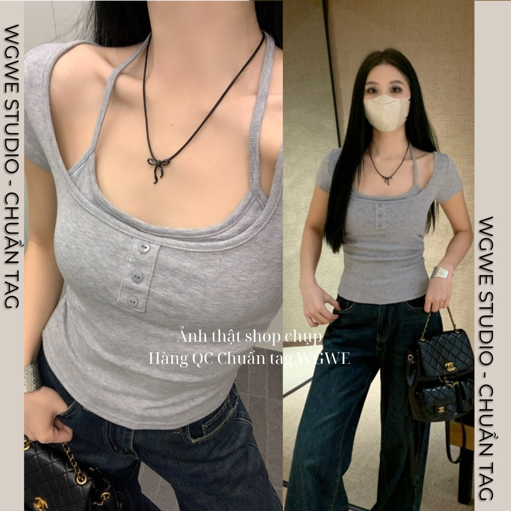Áo Thun Nữ Ôm Body WGWE 8613 Cổ Yếm Lót Đệm Ngực – Áo Phông Nữ Tay Ngắn Tôn Dáng Sexy | BigBuy360 - bigbuy360.vn