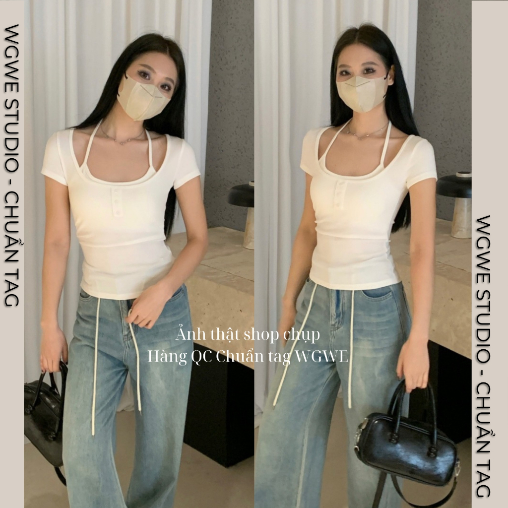 Áo Thun Nữ Ôm Body WGWE 8613 Cổ Yếm Lót Đệm Ngực – Áo Phông Nữ Tay Ngắn Tôn Dáng Sexy | BigBuy360 - bigbuy360.vn