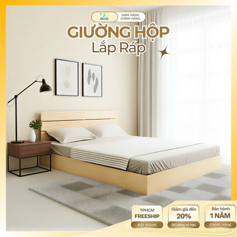 Giường Pallet Hộp Lắp Ráp Thông Minh Nhật Hàn, Gỗ Tự Nhiên 1m2x2m 1m4x2m 1m6x2m 1m8x2m Phong Cách Hi