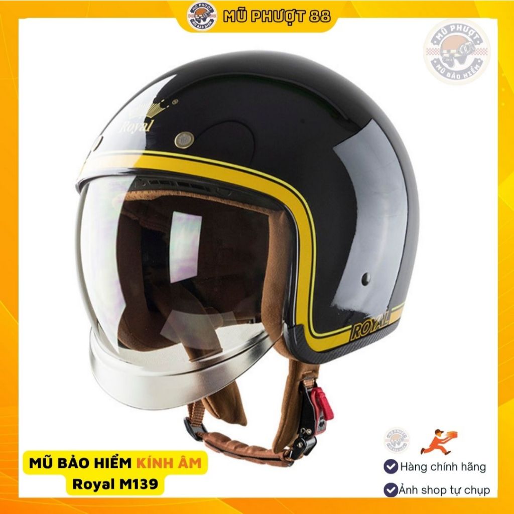 Mũ bảo hiểm Royal M139 V10 đen viền vàng kính âm , dấu kính, tháo lót, clip review m139
