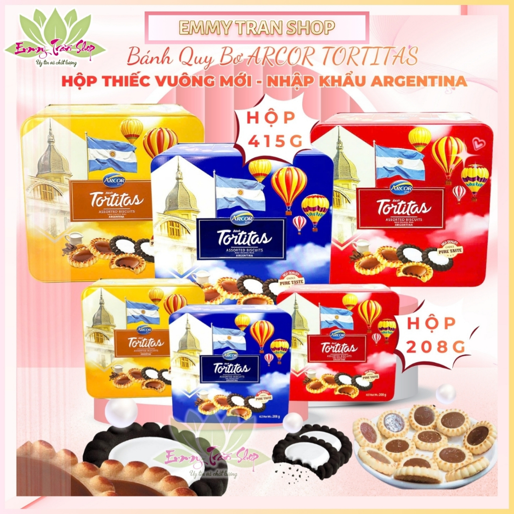 Bánh Quy Bơ Hộp Thiếc Arcor Tortitas Assorted Biscuits,Thiếc Vuông Mới 208g/415g,Nhập Khẩu Argentina