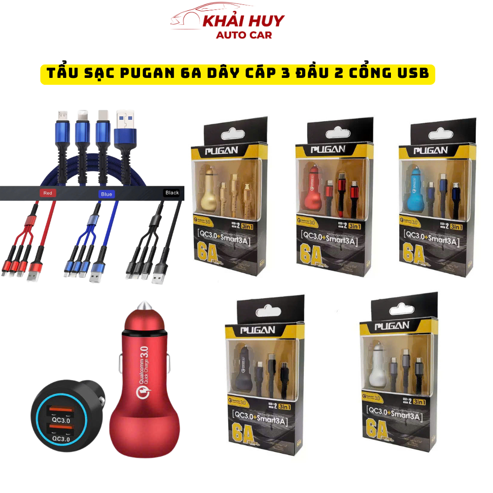 (QC3.0) Tẩu Sạc Pugan 6A Sạc Cực Nhanh Cực Đỉnh Từ 9V-32V Kèm Dây Cáp 3 Đầu 2 Cổng USB Khaihuyauto