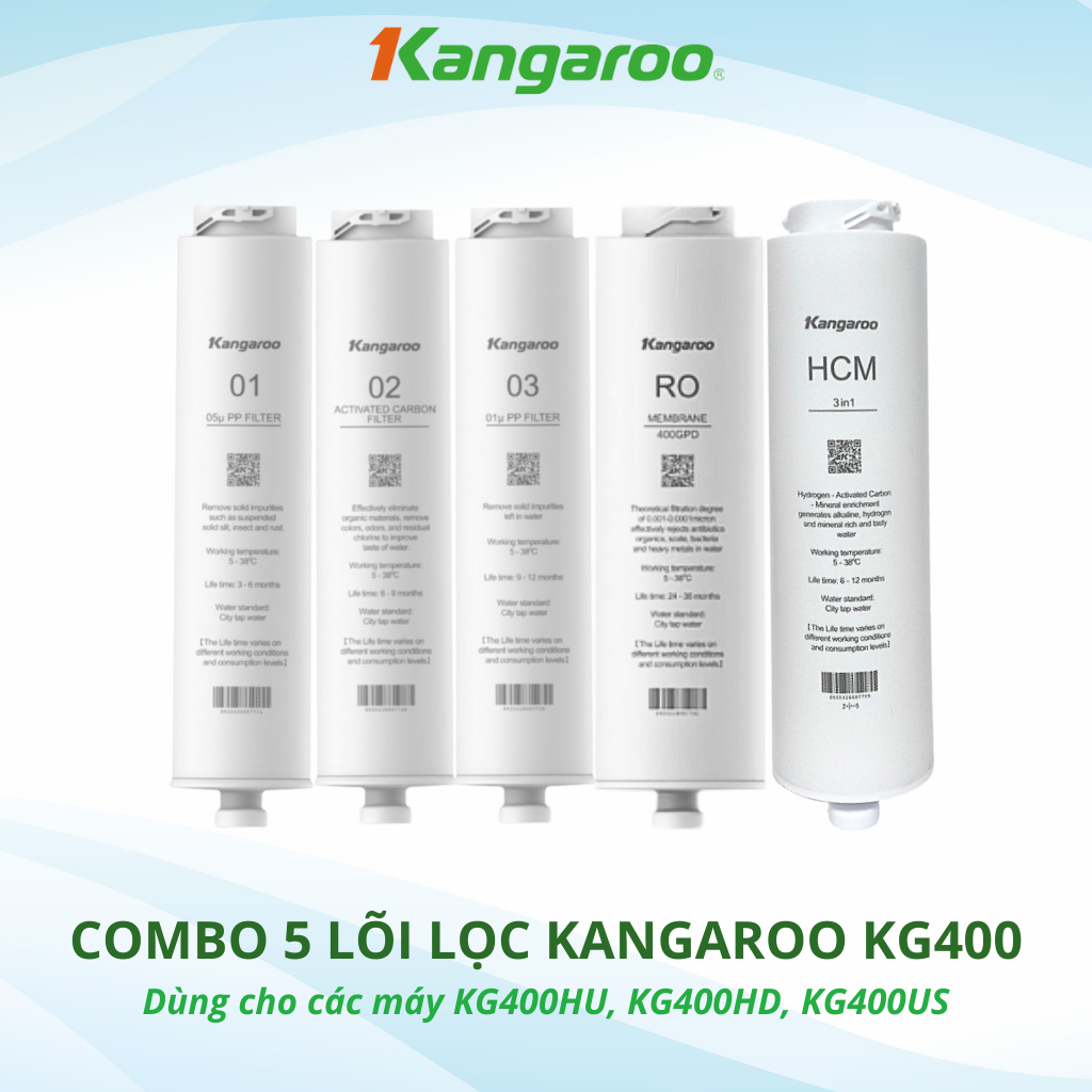Bộ 5 lõi lọc Kangaroo 400HU chính hãng dùng cho các máy lọc nước KG400HU, KG400US, KG400HD,...