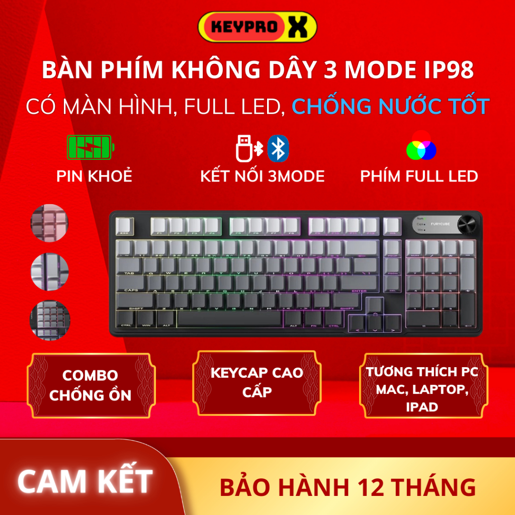 Bàn Phím IP98 LED RGB có núm tùy chỉnh, Chống thấm nước, Phím PBT Cao Cấp, Gõ Êm Chống Ồn, BH12T