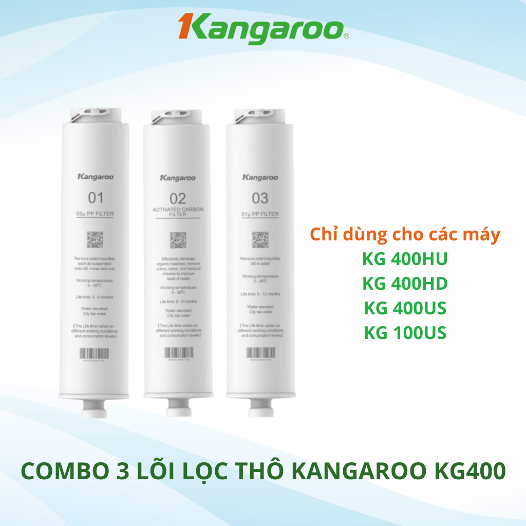 Bộ 3 lõi lọc thô Kangaroo 400HU chính hãng dùng cho các máy lọc nước KG400HU, KG400US, KG400HD,...