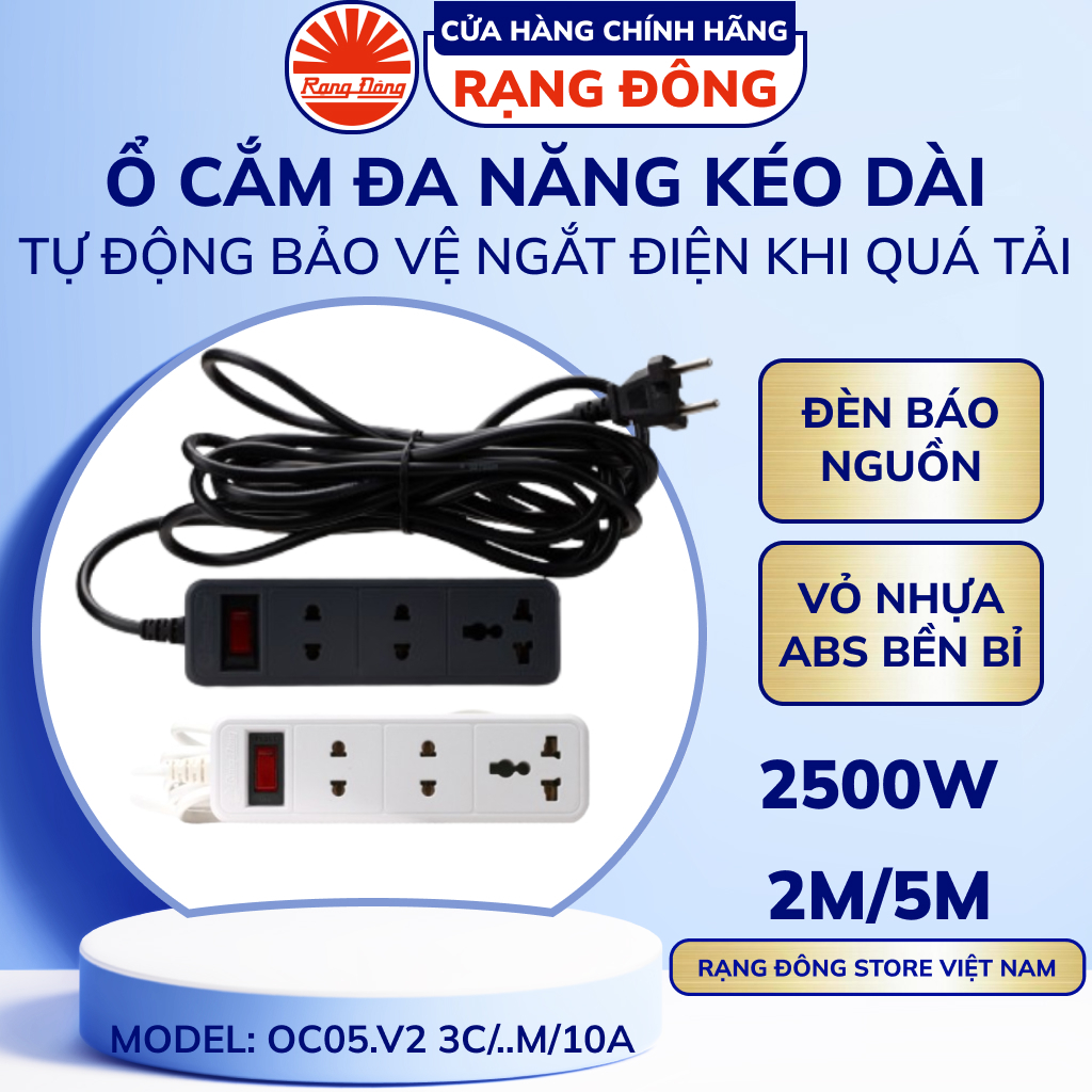 Ổ Cắm Điện Đa Năng Kéo Dài Rạng Đông 2m 5m OC05 nhiều ổ Chịu Tải Tốt Chịu Nhiệt Tự Động Ngắt Khi Quá